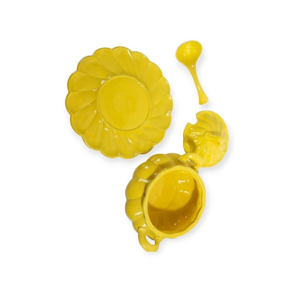 Vintage Sunshine Yellow Ceramic Tureen Set With Lid Matching Plate & Serving Spo - Picture 2 of 16